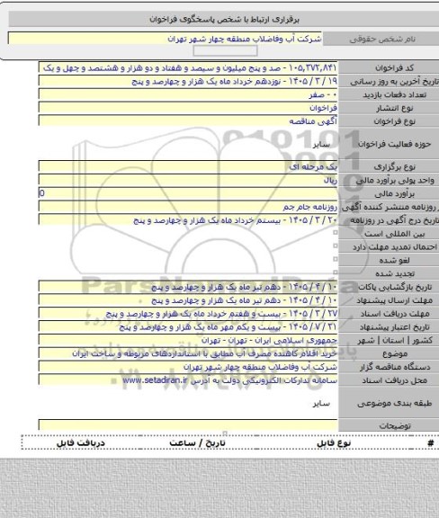 مناقصه, خرید اقلام کاهنده مصرف آب مطابق با استانداردهای مربوطه و ساخت ایران