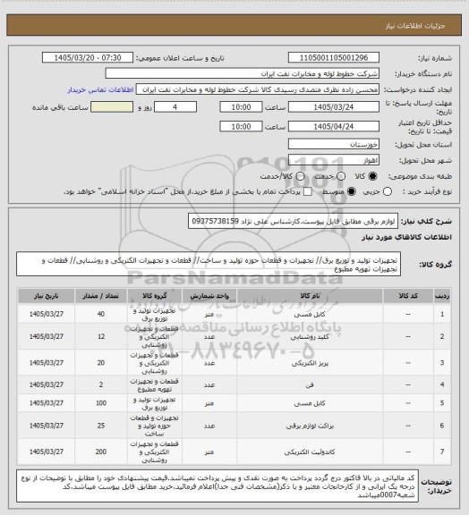 استعلام لوازم برقی مطابق فایل پیوست.کارشناس علی نژاد 09375738159