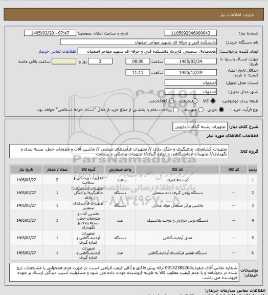 استعلام تجهیزات رشته گیاهان دارویی