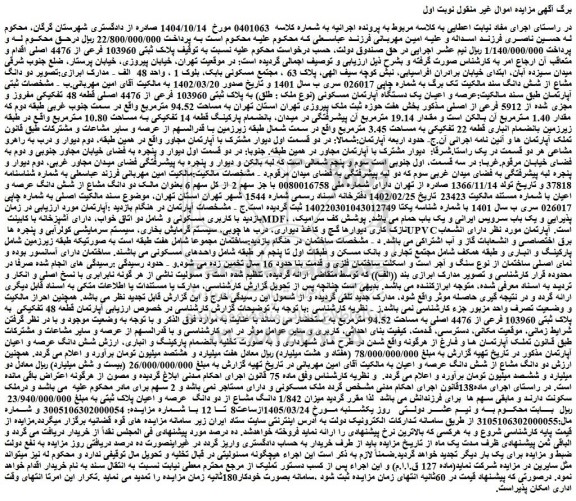 مزایده عرصه و اعیان یک دستگاه آپارتمان مسکونی (نوع ملک : طلق) به پلاک ثبتی 103960 فرعی از 4476 اصلی قطعه 48 تفکیکی مفروز و مجزی شده از 5912 فرعی از اصلی 