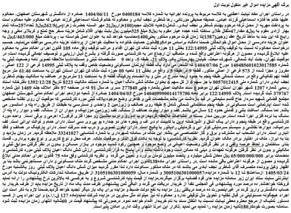 مزایده یک قطعه آپارتمان مسکونی وضعیت خاص وقف به پلاک ثبتی 14995 فرعی از 122 اصلی ، مفروز و مجزا شده از 573 فرعی از اصلی