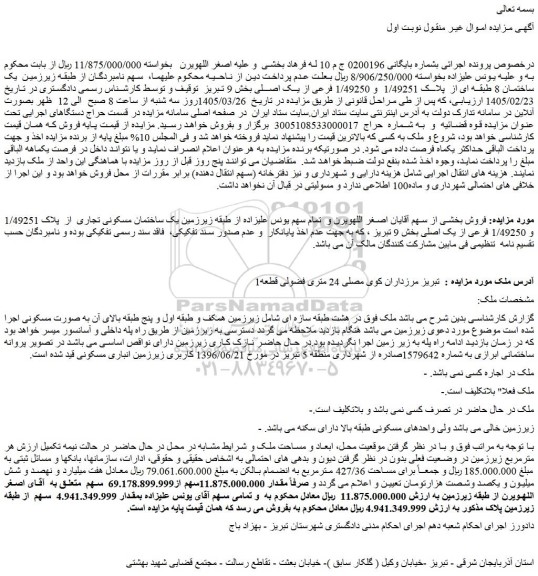 مزایده یک ساختمان 8 طبقه ای از  پلاک 1/49251 و 1/49250 فرعی از یک اصلی