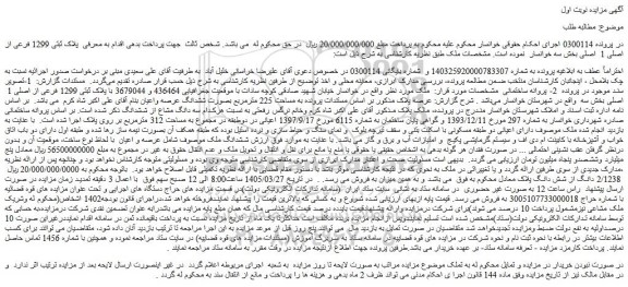 مزایده ملک پلاک ثبتی 1299 فرعی از اصلی 1  اصلی