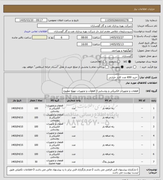 استعلام خرید 650 عدد کلید حرارتی