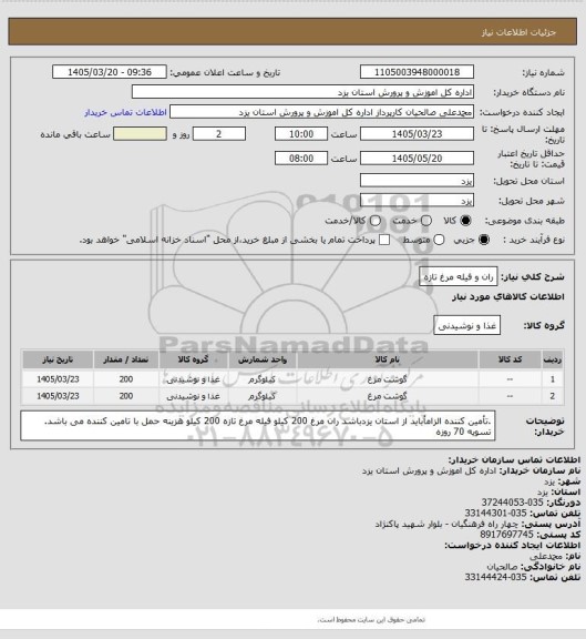 استعلام ران و فیله مرغ تازه
