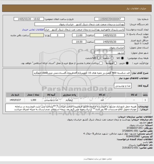 استعلام قند شکسته 400 گرمی در جعبه های 10 کیلویی(بارگاه،فریمان،گلستان،مش مش)1500کیلوگرم