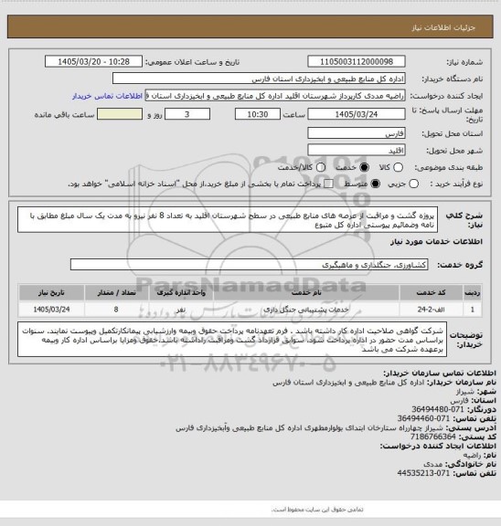 استعلام پروژه گشت و مراقبت از عرصه های منابع طبیعی در سطح شهرستان اقلید به تعداد 8 نفر نیرو به مدت یک سال  مبلغ مطابق با نامه وضمائیم پیوستی اداره کل متبوع
