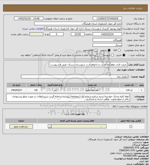 استعلام مرمت قنات مظفرآباد فاریاب و ناخواهری در شهرستان بستک- طبق فرم پیوست