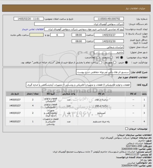 استعلام سنسور اثر هال وآمپر متر ورله حفاظتی شرح پیوست
