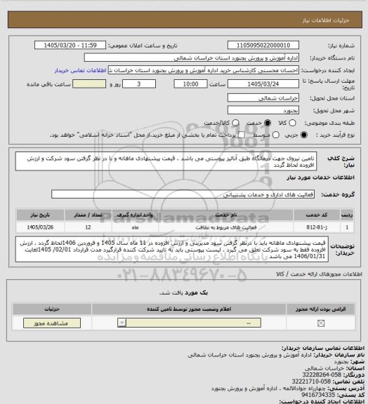 استعلام تامین نیروی جهت درمانگاه طبق آنالیز پیوستی می باشد . قیمت پیشنهادی ماهانه و با در نظر گرفتن سود شرکت و ارزش افزوده لحاظ گردد