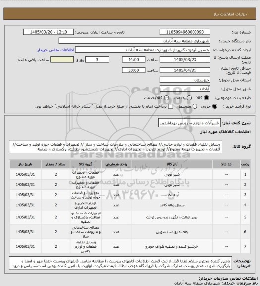 استعلام شیرآلات و لوازم سرویس بهداشتی