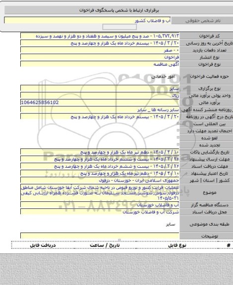 مناقصه, عملیات قرایت کنتور و توزیع قبوض در ناحیه شمال شرکت آبفا خوزستان شامل مناطق دزفول٬شوش٬شوشتر٬مسجد سلیمان به صورت فشرده همراه ارزیابی کیفی ۱۴۰۵/۵۰۳۱