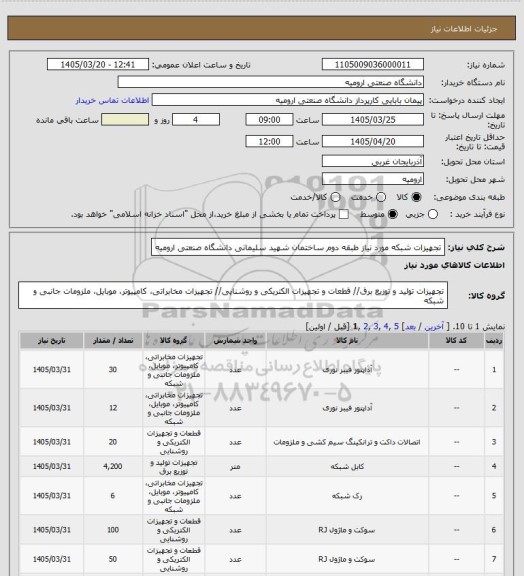 استعلام تجهیزات شبکه مورد نیاز طبقه دوم ساختمان شهید سلیمانی دانشگاه صنعتی ارومیه