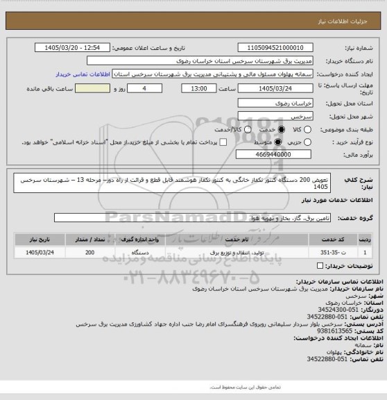 استعلام تعویض 200 دستگاه کنتور تکفاز خانگی به کنتور تکفاز هوشمند قابل قطع و قرائت از راه دور– مرحله 13 – شهرستان سرخس 1405