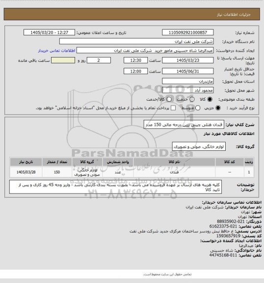 استعلام قندان هتلی چینی زرین درجه عالی   150 عدد
