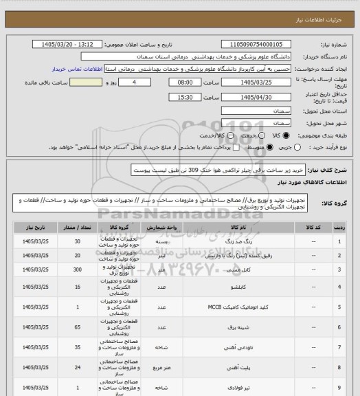 استعلام خرید زیر ساخت برقی چیلر تراکمی هوا خنک 309 تن طبق لیست پیوست