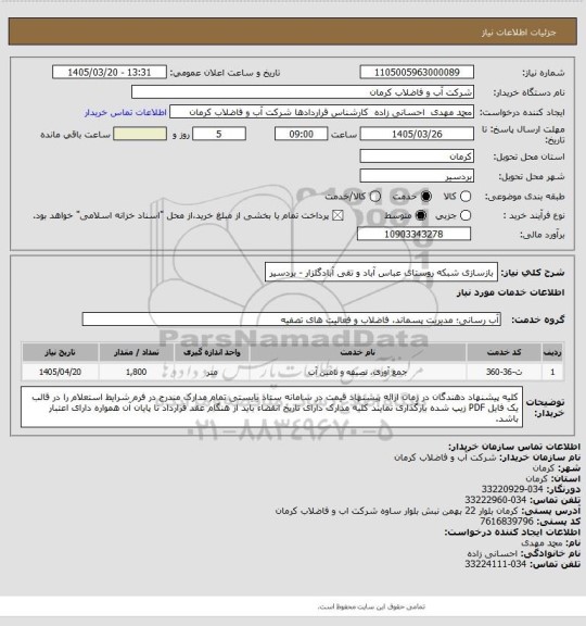 استعلام بازسازی شبکه روستای عباس آباد و تقی آبادگلزار - بردسیر