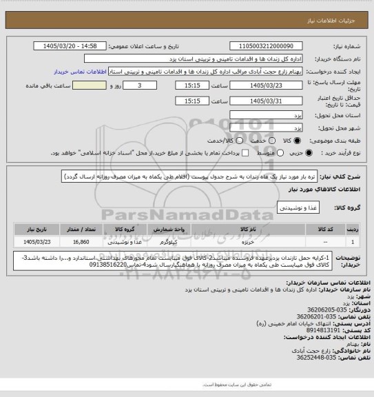 استعلام تره بار مورد نیاز یک ماه زندان به شرح جدول پیوست (اقلام طی یکماه به میزان مصرف روزانه ارسال گردد)
