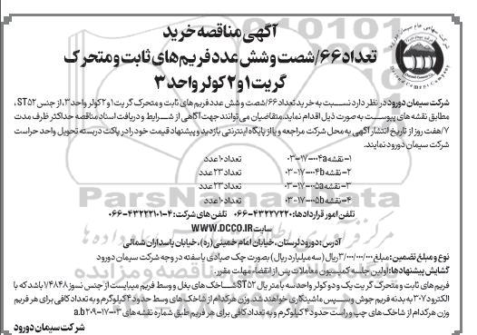 مناقصه خرید تعداد 66 شصت و شش عدد فریم های ثابت و متحرک گریت 1 و 2 کولر