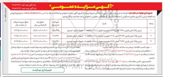 مزایده  فروش سه قطعه زمین با کاربری تجاری و مسکونی