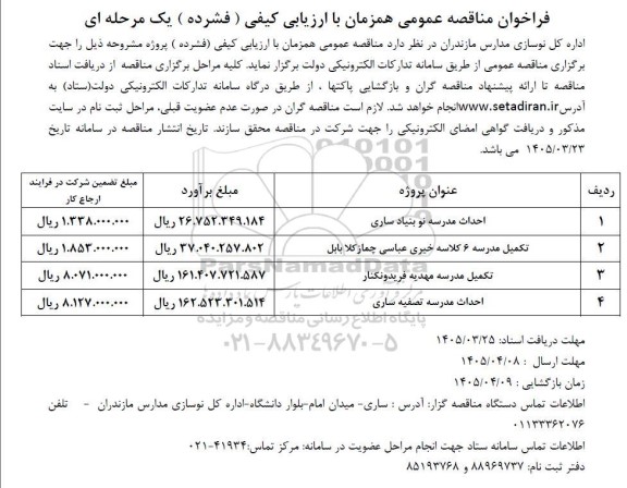مناقصه احداث مدرسه نو بنیاد ساری و...