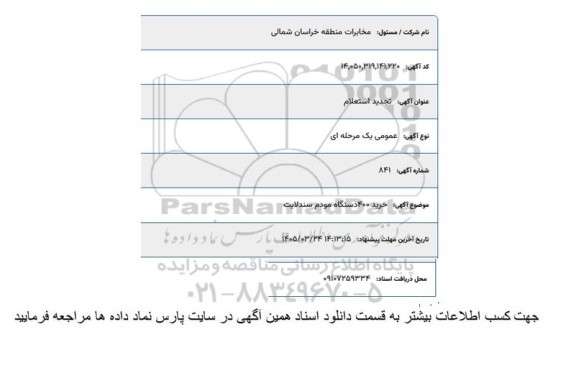 استعلام خرید 400 دستگاه مودم سندلایت