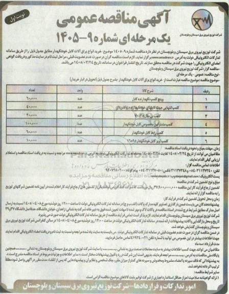 مناقصه خرید انواع یراق آلات کابل خودنگهدار 