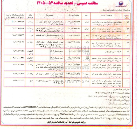 مناقصه عملیات تهیه اجراء اصلاح و بازسازی شبکه توزیع و انشعابات...