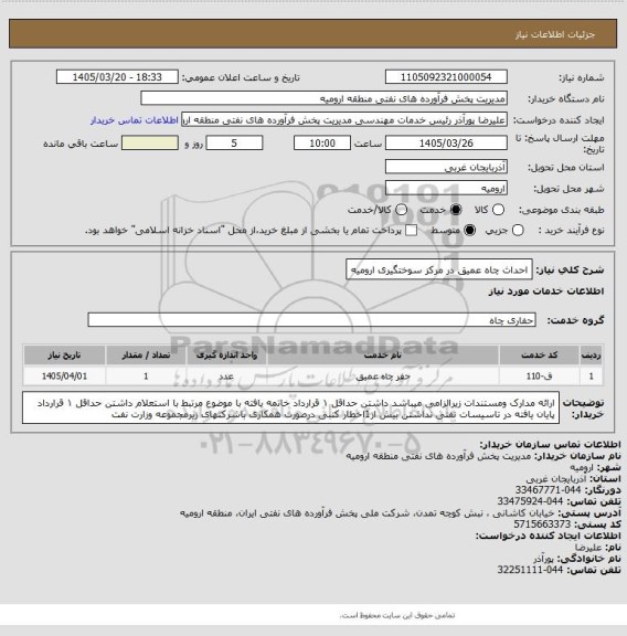 استعلام احداث چاه عمیق در مرکز سوختگیری ارومیه