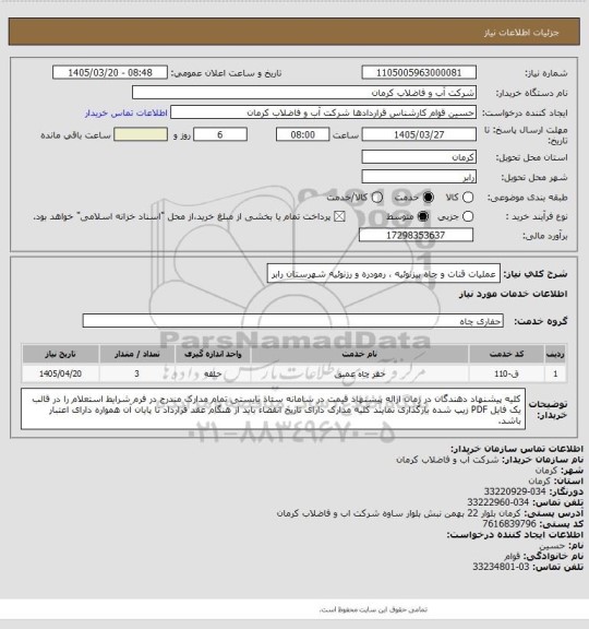 استعلام عملیات قنات و چاه بیزنوئیه ، رمودره و رزنوئیه شهرستان رابر
