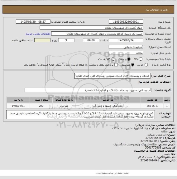 استعلام احداث و بهسازی کانال ابیاری عمومی روستای قلی کندی کلکان