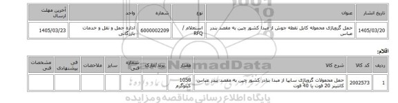 استعلام، حمل گروپاژی محموله کابل نقطه جوش از مبدا کشور چین به مقصد بندر عباس
