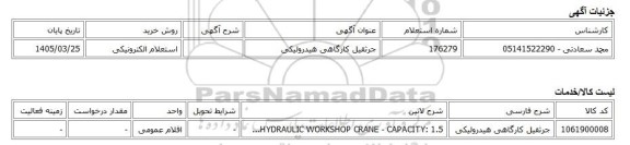 استعلام الکترونیکی، جرثقیل کارگاهی هیدرولیکی