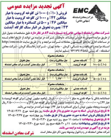 تجدید مزایده فروش (10%±) 1000 تن کلوخه کرومیت ....