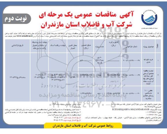 مناقصه خرید تابلو تله متری ..- نوبت دوم
