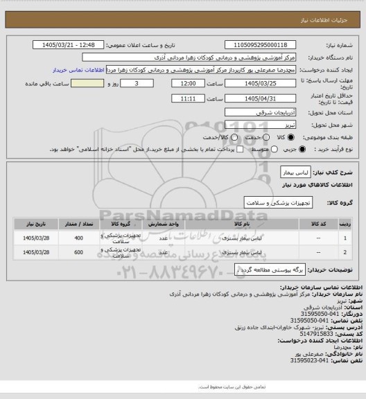 استعلام لباس بیمار
