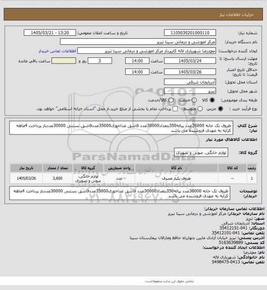 استعلام ظروف تک خانه 36000عدد پیاله350بتعداد30000عدد قاشق غذاخوری35000عددقاشق بستنی 30000عددباز پرداخت 4ماهه کرایه به عهدی فروشنده می باشد