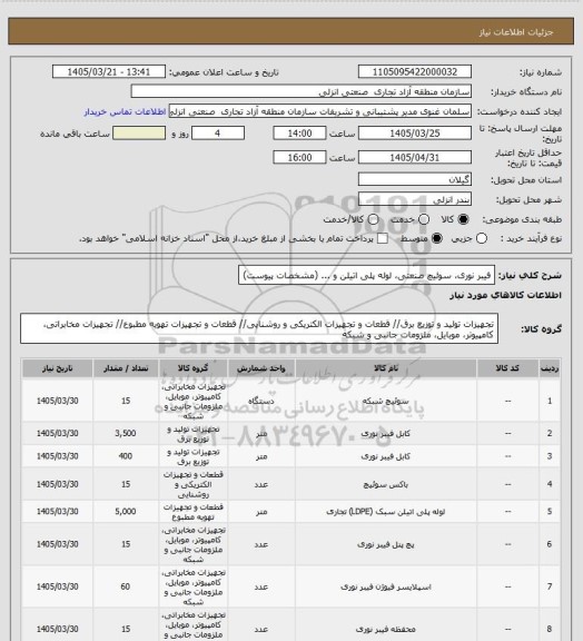 استعلام فیبر نوری، سوئیچ صنعتی، لوله پلی اتیلن و ... (مشخصات پیوست)