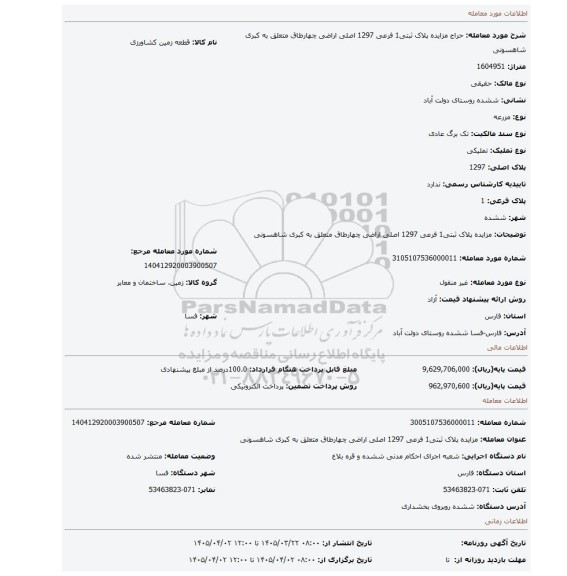 مزایده، مزایده پلاک ثبتی1 فرعی 1297 اصلی اراضی چهارطاق متعلق به کبری شاهسونی