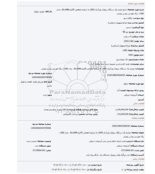مزایده، مزایده یک دستگاه سواری پژو آردی 1600 به شماره انتظامی 25ایران698ل62 ، مدل 1382 ، رنگ طوسی روشن روغنی