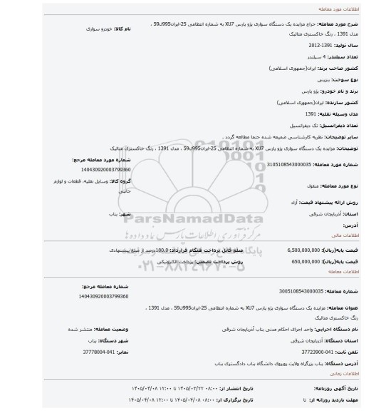 مزایده، مزایده یک دستگاه سواری پژو پارس XU7 به شماره انتظامی 25-ایران995ل59 ، مدل 1391 ، رنگ خاکستری متالیک