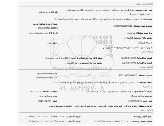 مزایده، یک باب منزل مسکونی با انشعاب آب و برق به مساحت 482 متر مربع واقع در شیخ آباد قطعه یک بخش 5