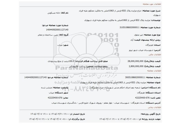 مزایده،  مزایده پلاک 832 فرعی از 1063اصلی به مالکیت محکوم علیه فرزاد شهواری