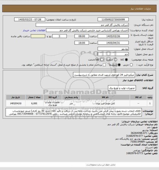 استعلام میکرو فیبر 24 کور مدل شهید قندی مطابق با شرح  پیوست
