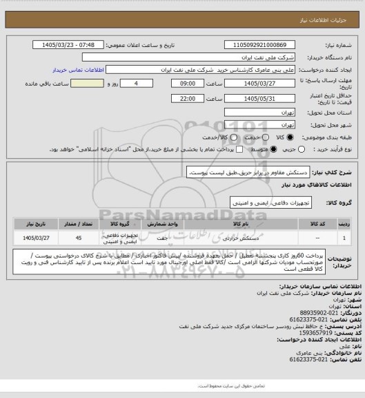 استعلام دستکش مقاوم در برابر حریق.طبق لیست پیوست.