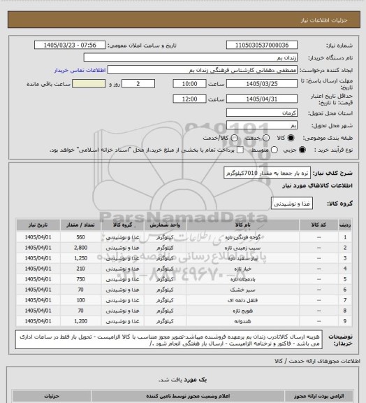 استعلام تره بار جمعا به مقدار 7010کیلوگرم