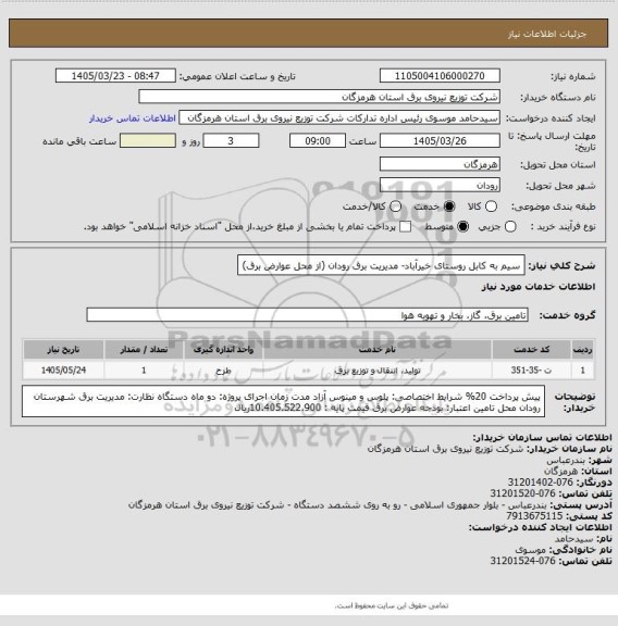 استعلام سیم به کابل روستای خیرآباد- مدیریت برق رودان (از محل عوارض برق)