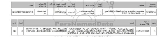 استعلام مهندسی معکوس و ساخت اضطراری پروانه پمپ تایپ TYPE: NC 200/500B