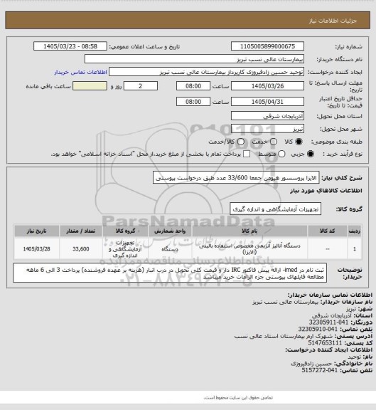 استعلام الایزا پروسسور هیومن جمعا 33/600 عدد طبق درخواست پیوستی
