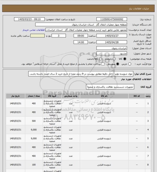 استعلام مواد شوینده تولید داخل دقیقا مطابق پیوست در 9 ردیف مجزا 
از تاریخ خرید 2 سال اعتبار داشته باشد.